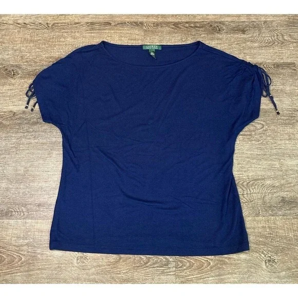 Lauren Ralph Lauren Women’s Drawstring Shoulder Boat Neck Blouse Navy Size L - Picture 1 of 6